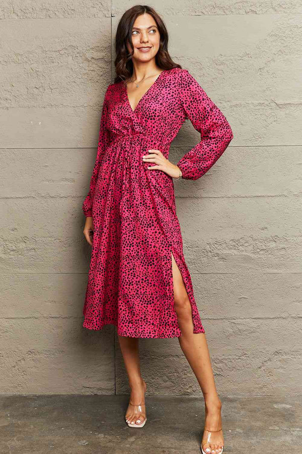 Printed  Neck Long Sleeve Slit Dress -BazaarBey - www.shopbazaarbey.com