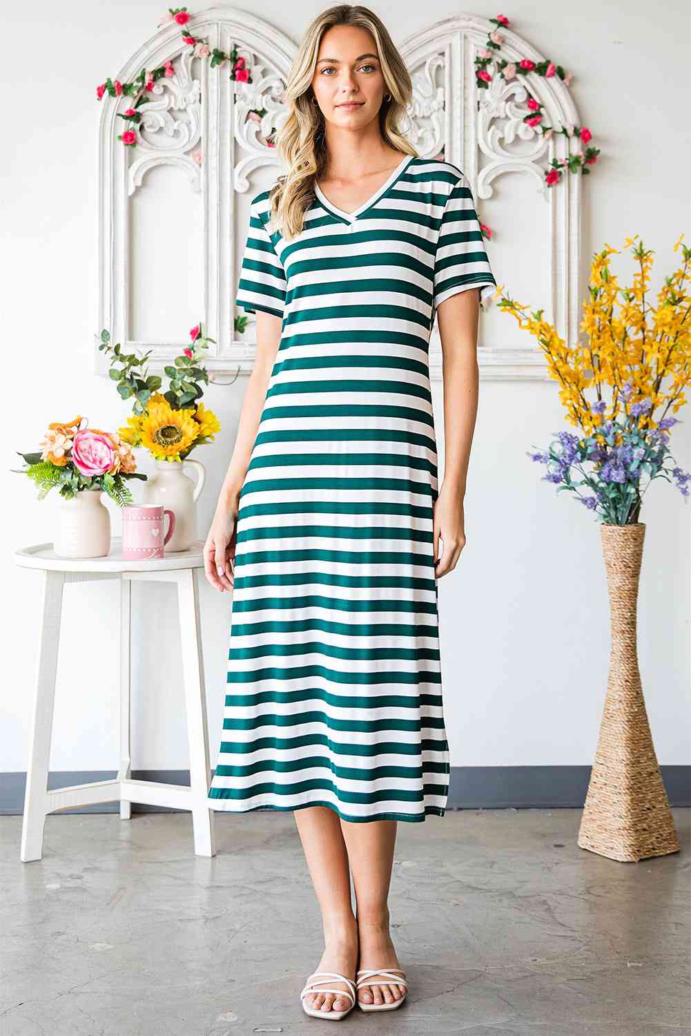 Striped V-Neck Short Sleeve Side Slit Dress -BazaarBey - www.shopbazaarbey.com
