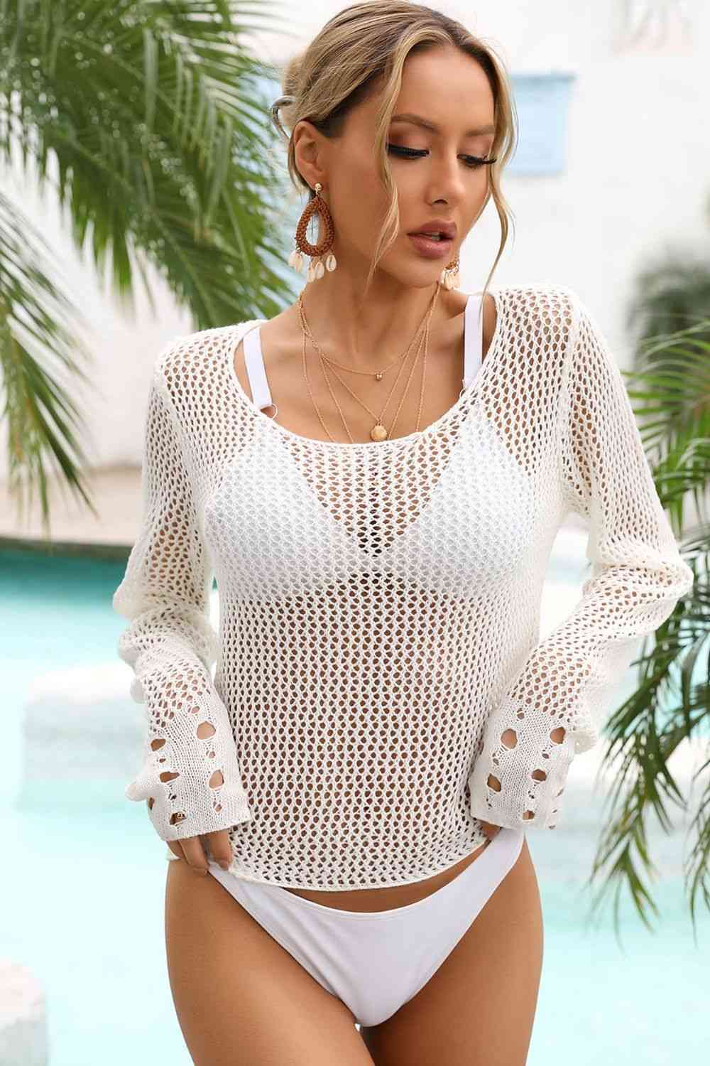 Openwork Scoop Neck Long Sleeve Cover-Up Bazaarbey