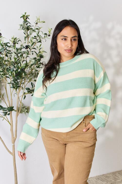 Sew In Love Full Size Contrast Striped Round Neck Sweater Bazaarbey