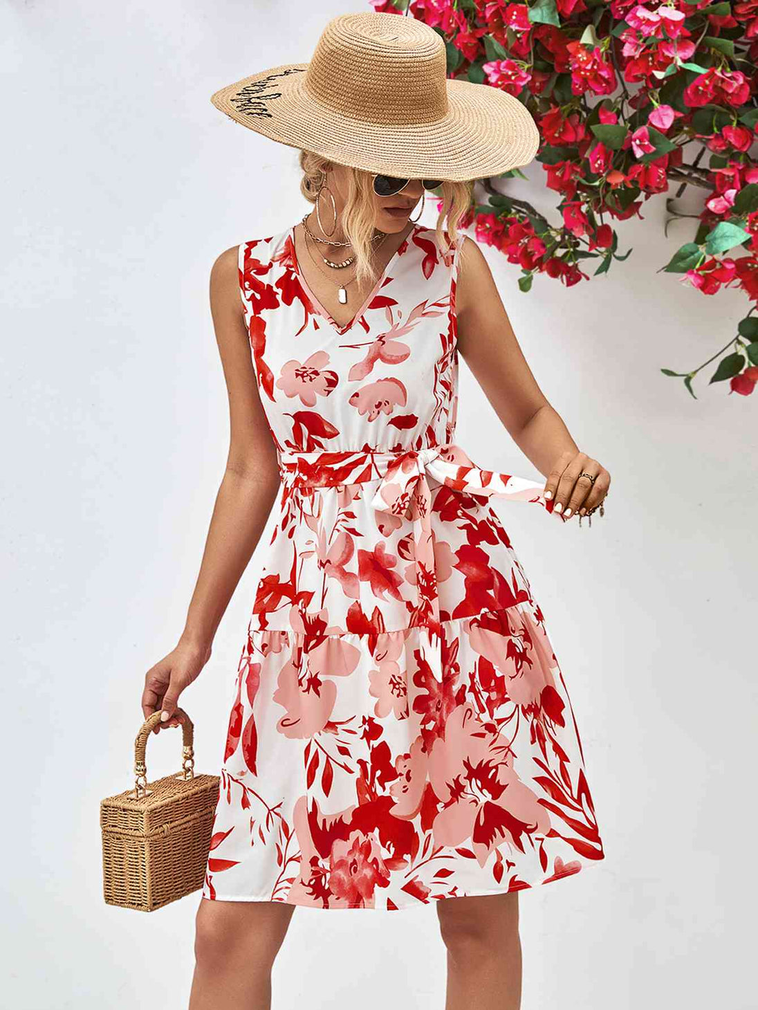 Floral V-Neck Tie Waist Sleeveless Dress -BazaarBey - www.shopbazaarbey.com
