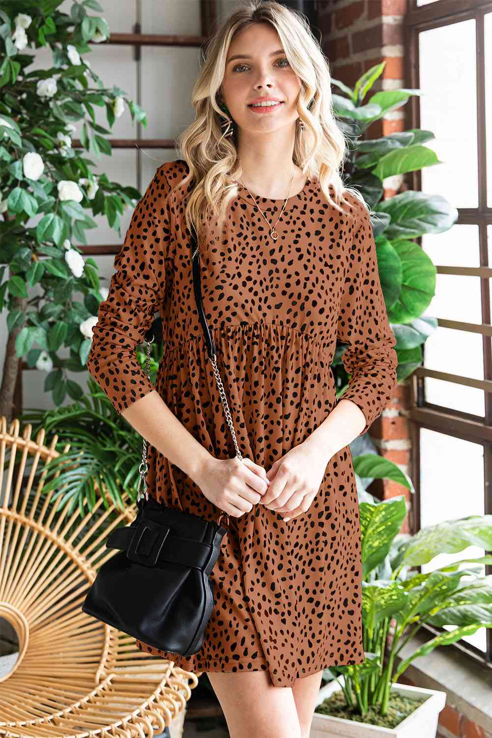 Printed Round Neck Long Sleeve Dress -BazaarBey - www.shopbazaarbey.com