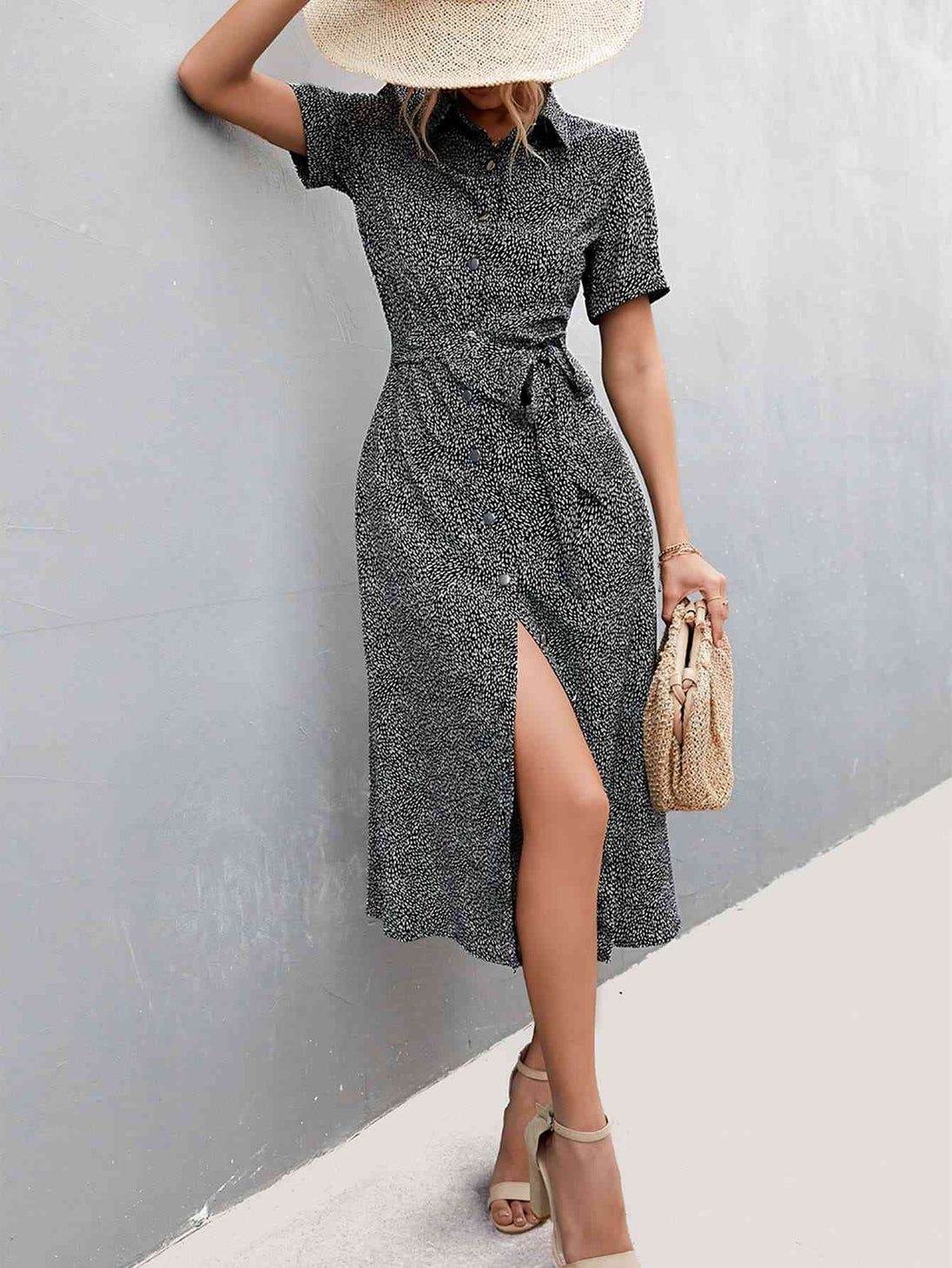 Printed Tie Waist Short Sleeve Shirt Dress -BazaarBey - www.shopbazaarbey.com