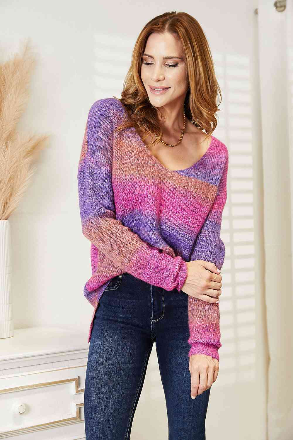  Multicolored Rib-Knit V-Neck Knit Pullover Bazaarbey