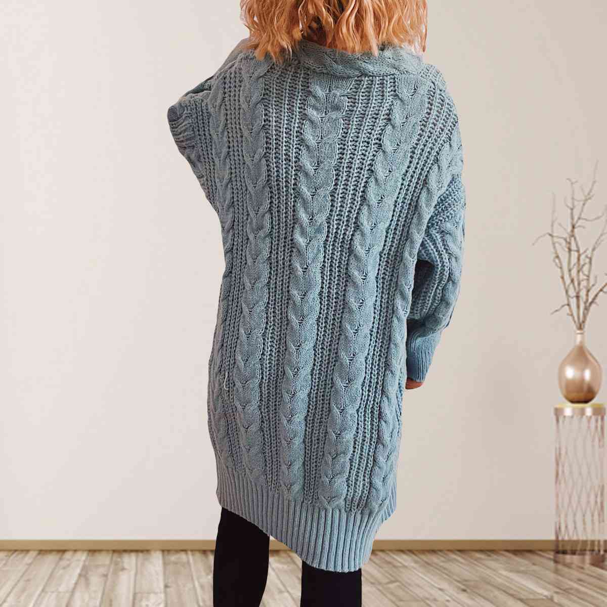 Cable-Knit Open Front Dropped Shoulder Cardigan Trendsi