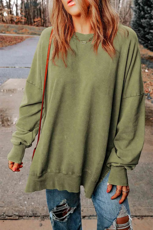 BazaarBey Dropped Shoulder Round Neck Long Sleeve Blouse Trendsi