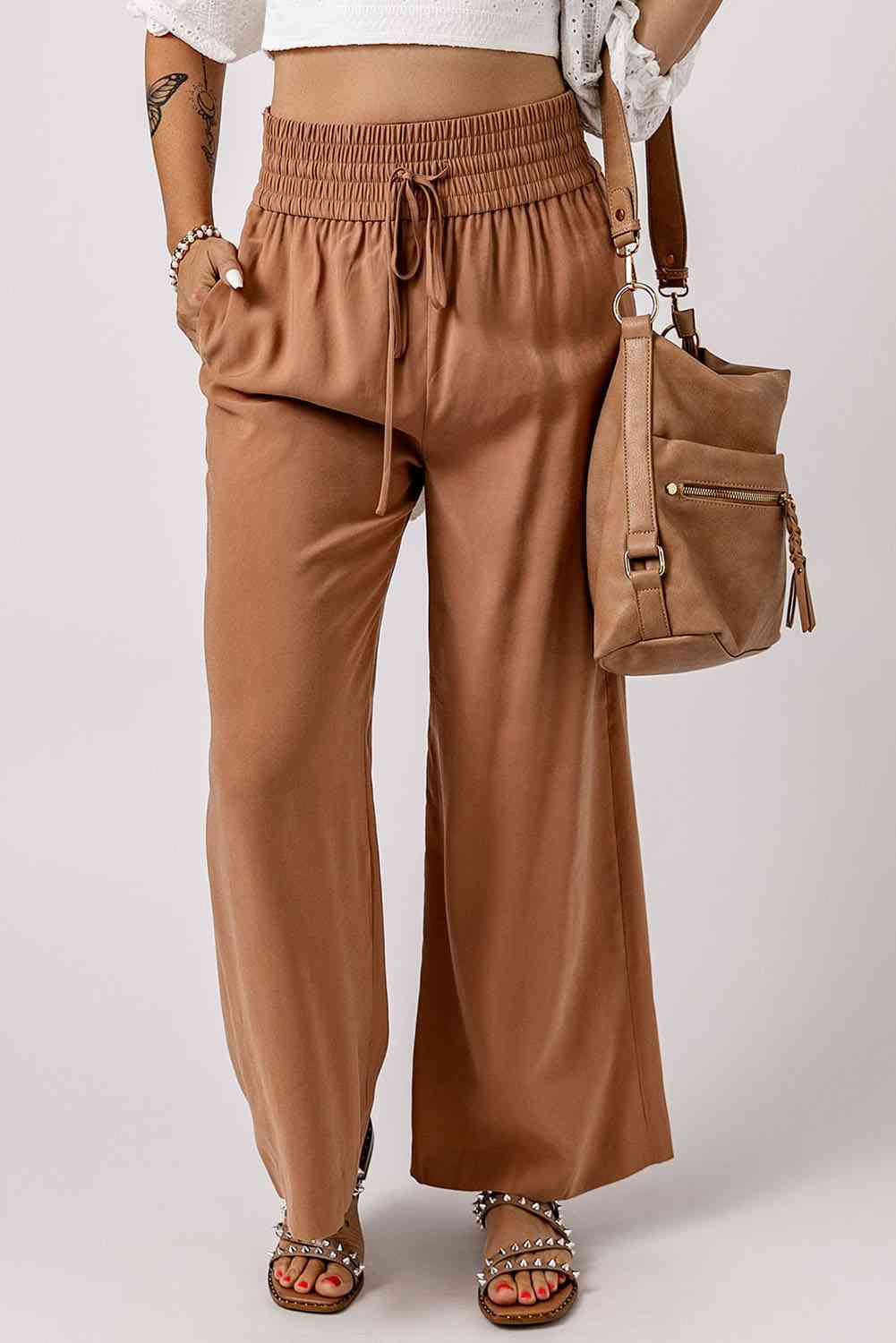 Drawstring Smocked Waist Wide Leg Pants Bazaarbey