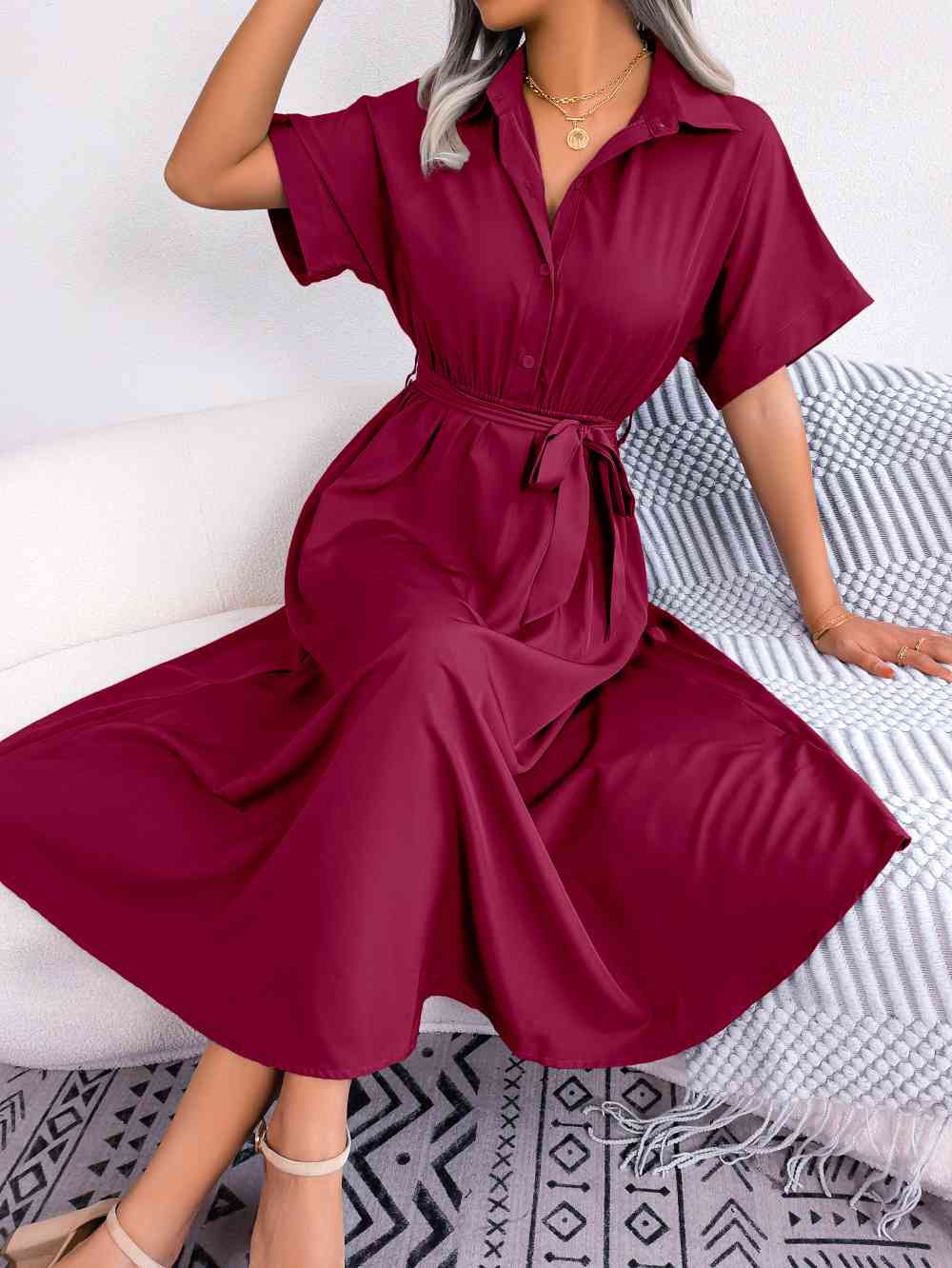 Short Sleeve Collared Tie Belt Dress -BazaarBey - www.shopbazaarbey.com