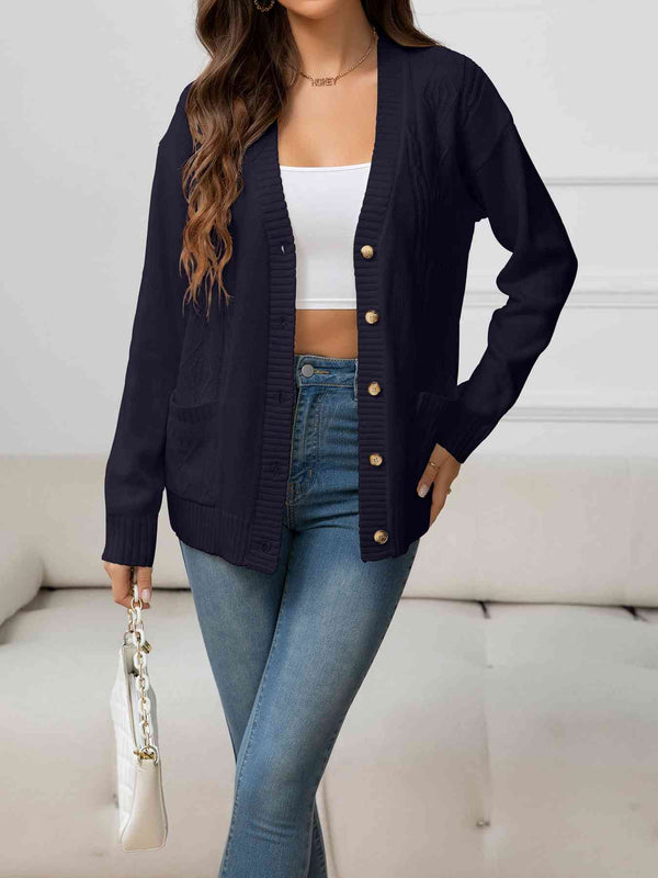BazaarBey V-Neck Long Sleeve Buttoned Knit Top with Pocket 