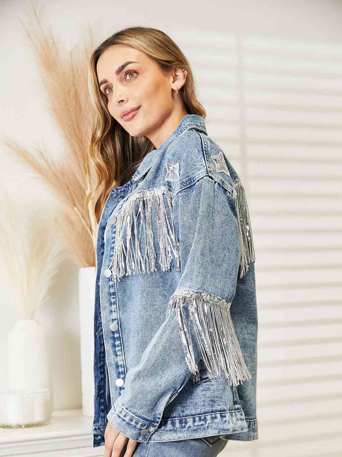 Fringe Detail Long Sleeve Denim Jacket Bazaarbey