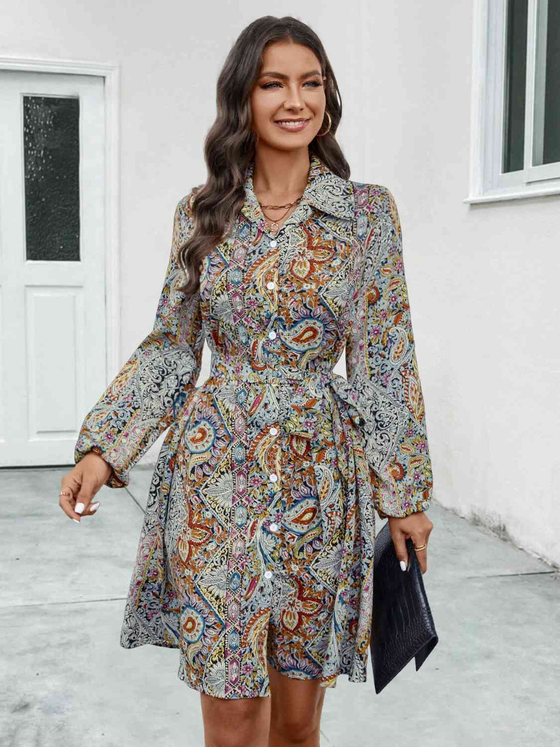 Printed Collared Neck Long Sleeve Dress -BazaarBey - www.shopbazaarbey.com