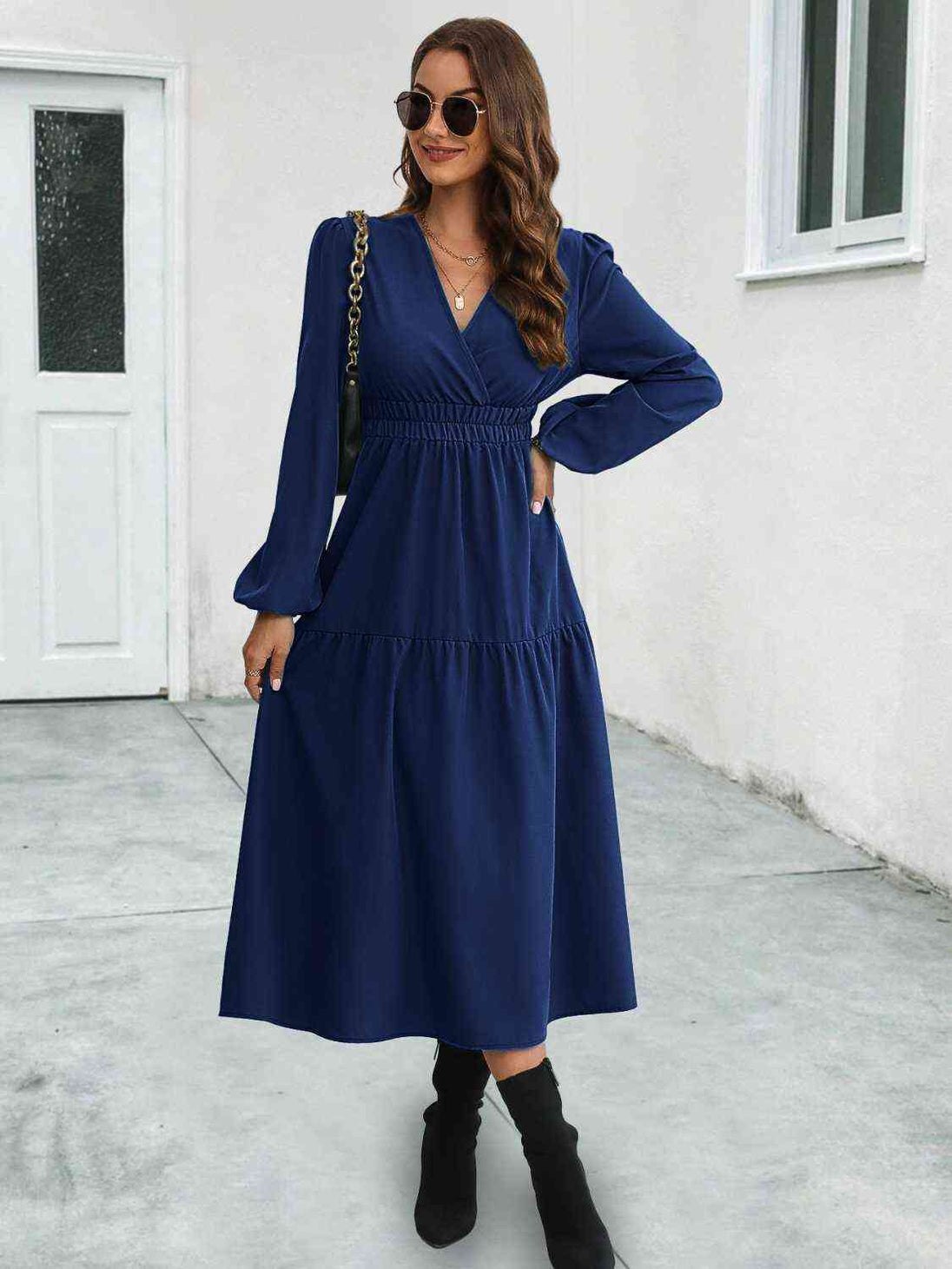  Neck Long Sleeve Midi Dress -BazaarBey - www.shopbazaarbey.com