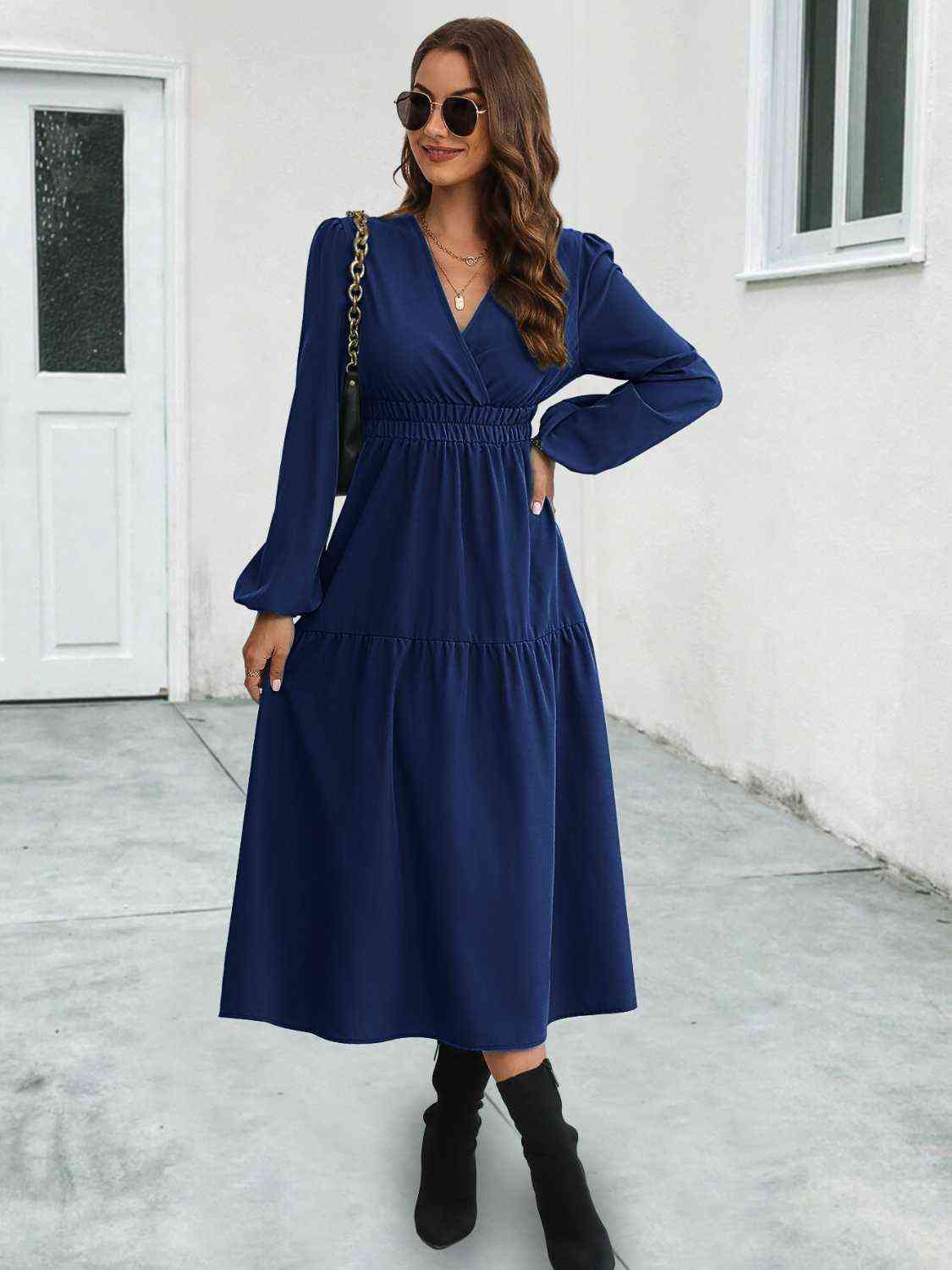  Neck Long Sleeve Midi Dress -BazaarBey - www.shopbazaarbey.com