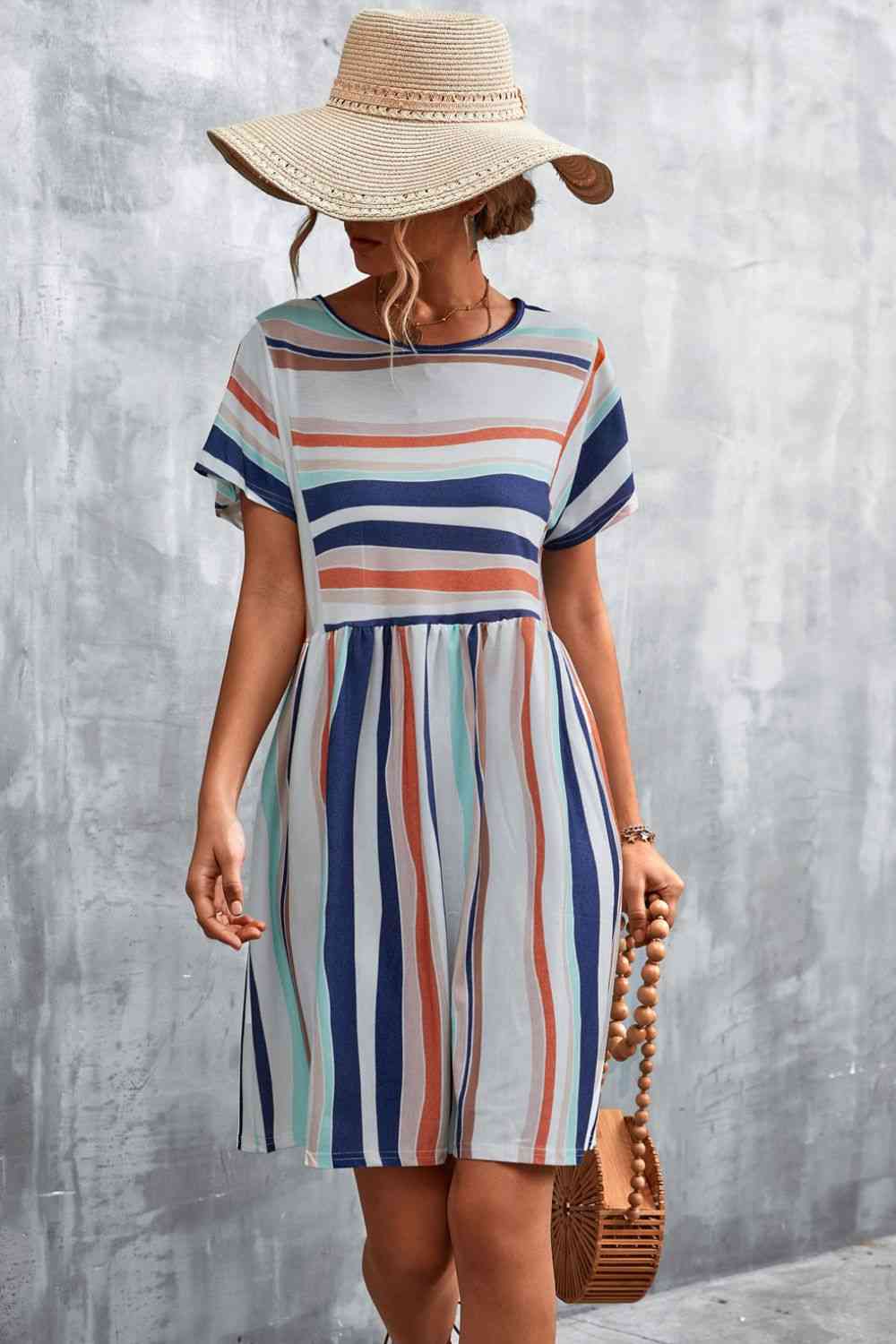 Striped Round Neck Dress -BazaarBey - www.shopbazaarbey.com