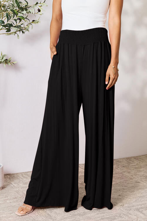   Smocked Wide Waistband Wide Leg Pants Bazaarbey