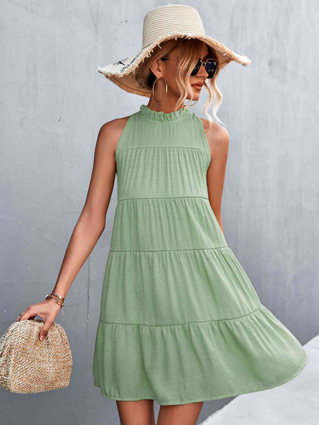 Tie Back Mock Neck Tiered Dress -BazaarBey - www.shopbazaarbey.com