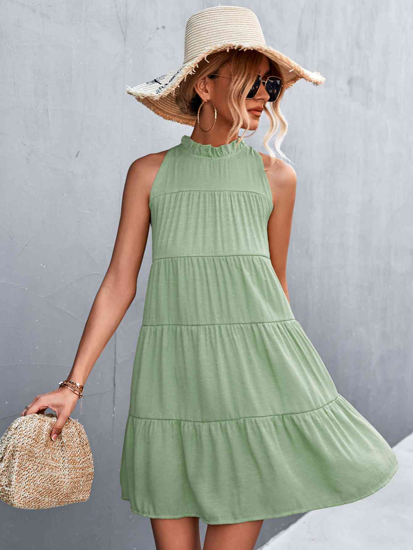 Tie Back Mock Neck Tiered Dress -BazaarBey - www.shopbazaarbey.com