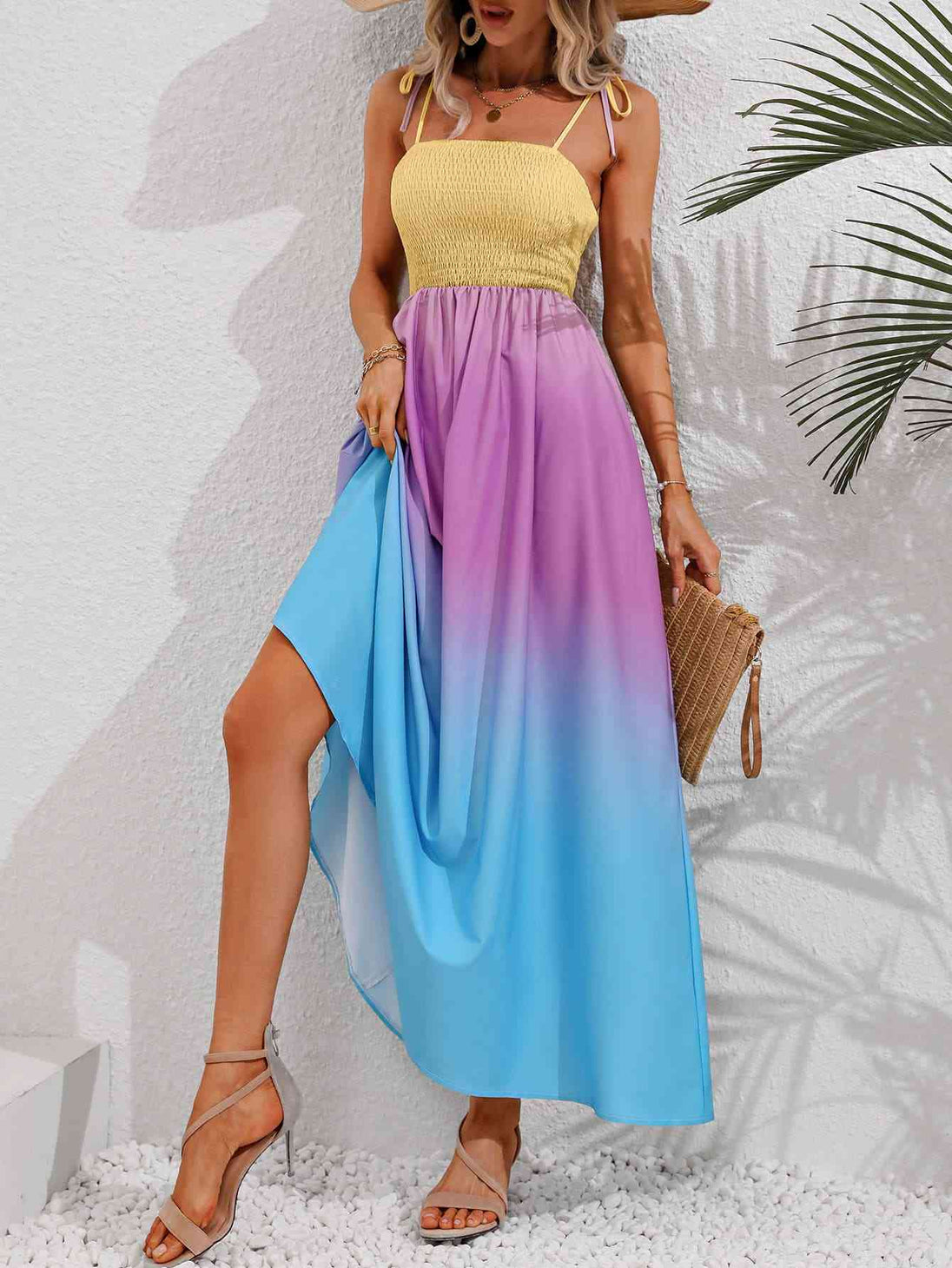 Color Block Tie Shoulder Smocked Maxi Dress Bazaarbey