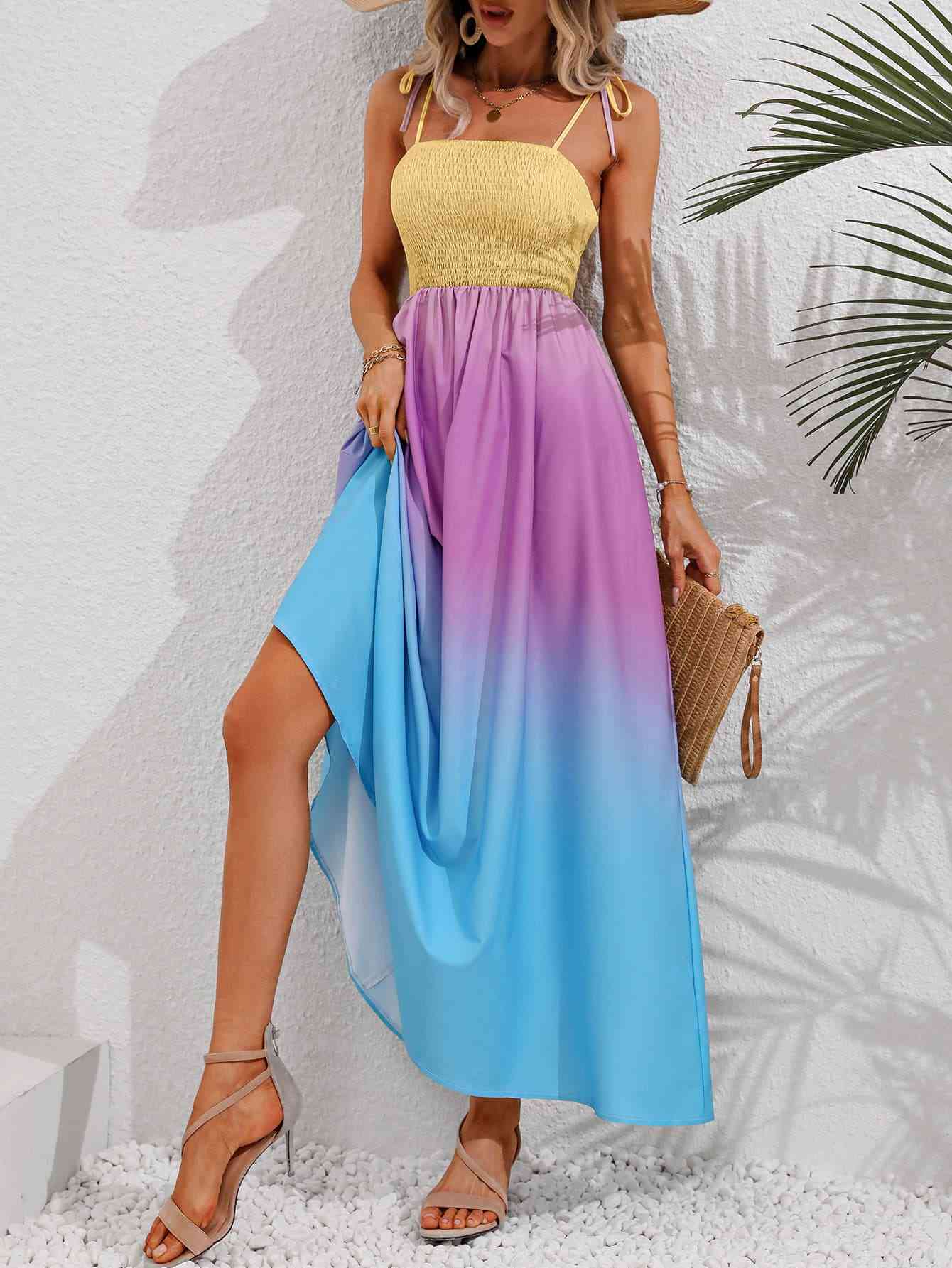 Color Block Tie Shoulder Smocked Maxi Dress Bazaarbey
