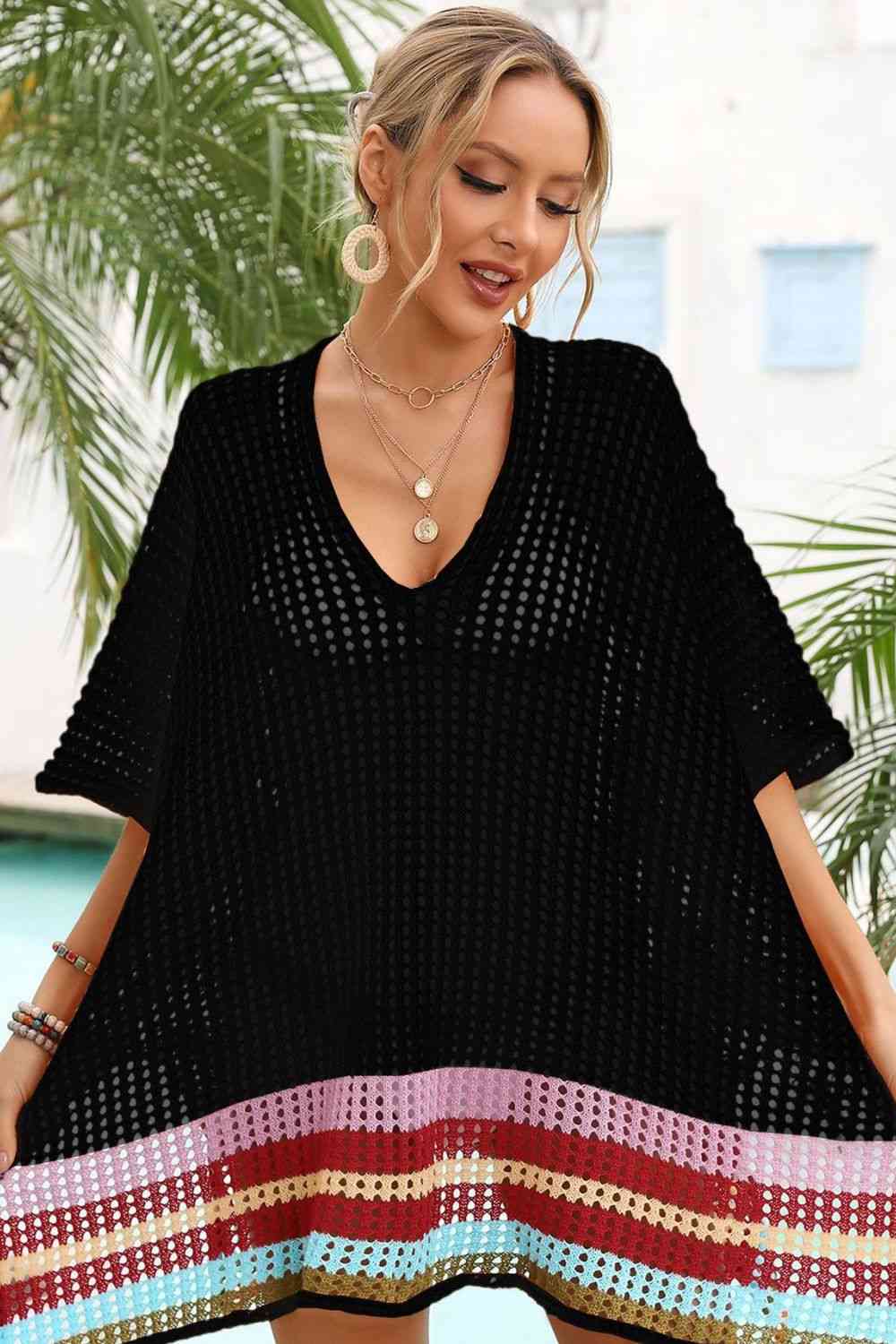 Rainbow Stripe Openwork Slit Cover-Up Bazaarbey