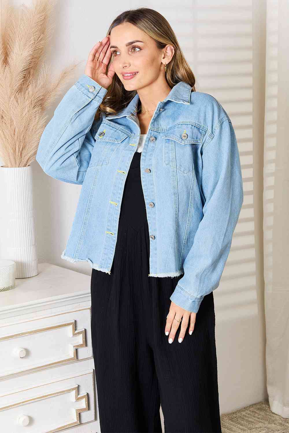  Dropped Shoulder Raw Hem Denim Jacket Bazaarbey