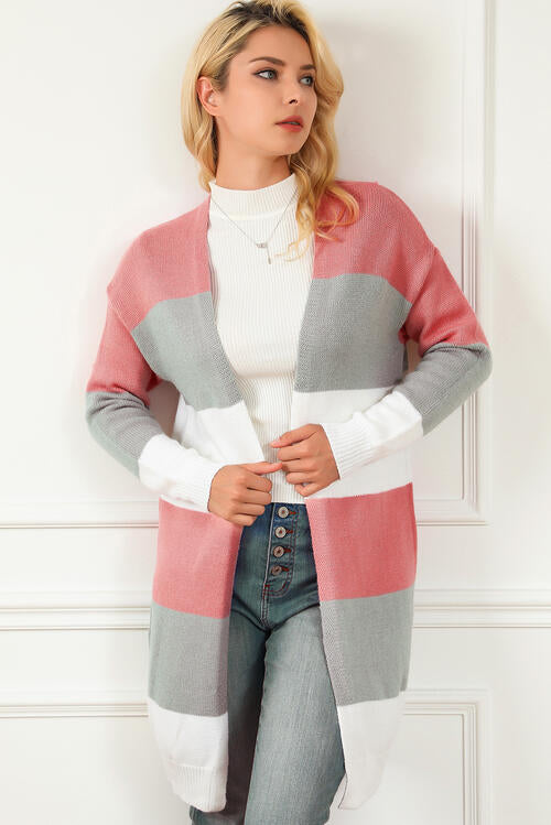 BazaarBey Striped Open Front Long Sleeve Cardigan Trendsi