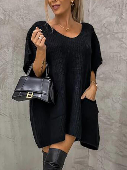 V-Neck Short Sleeve Sweater with Pockets Bazaarbey