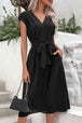 Tie Belt V-Neck Pleated Dress -BazaarBey - www.shopbazaarbey.com