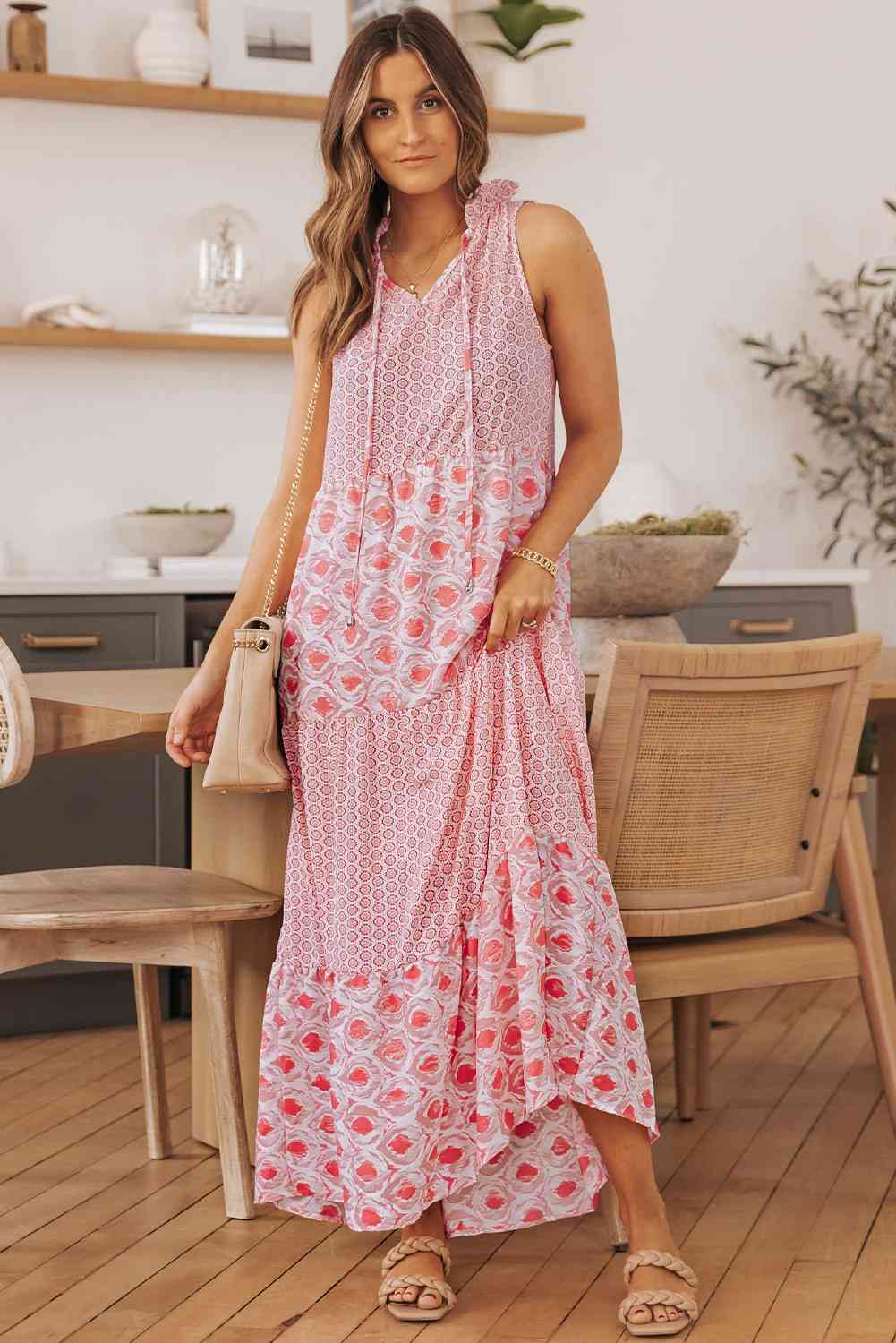 Mixed Print Tie-Neck Sleeveless Maxi Dress Bazaarbey