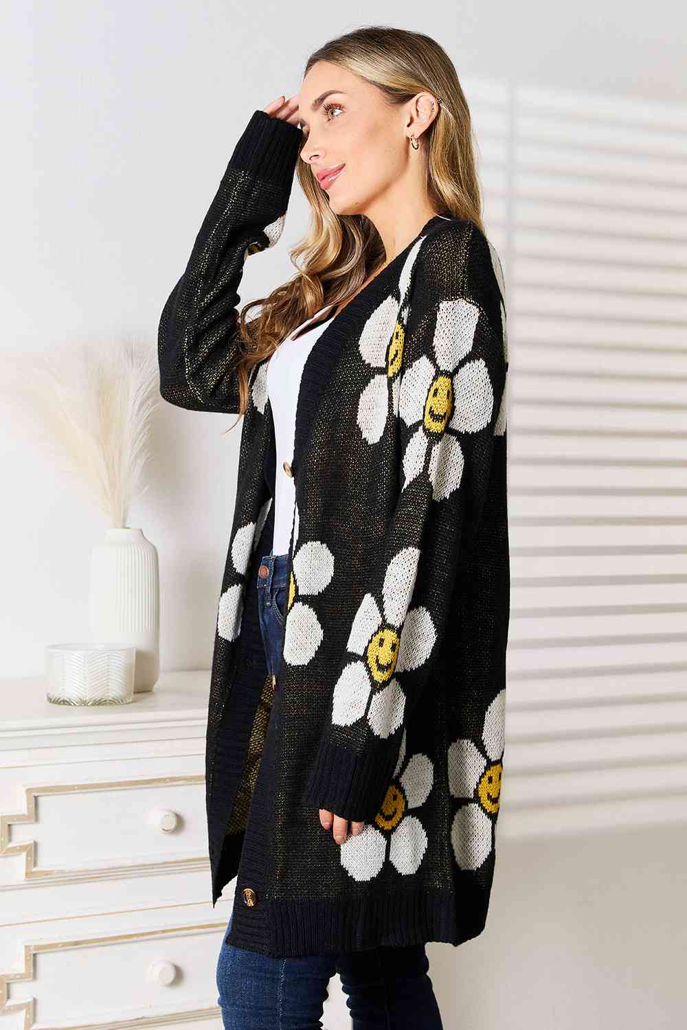  Floral Button Down Longline Cardigan Bazaarbey