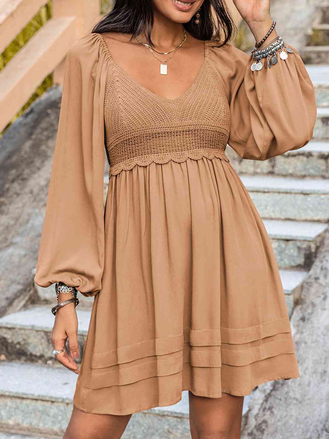 Crochet V-Neck Balloon Sleeve Dress -BazaarBey - www.shopbazaarbey.com
