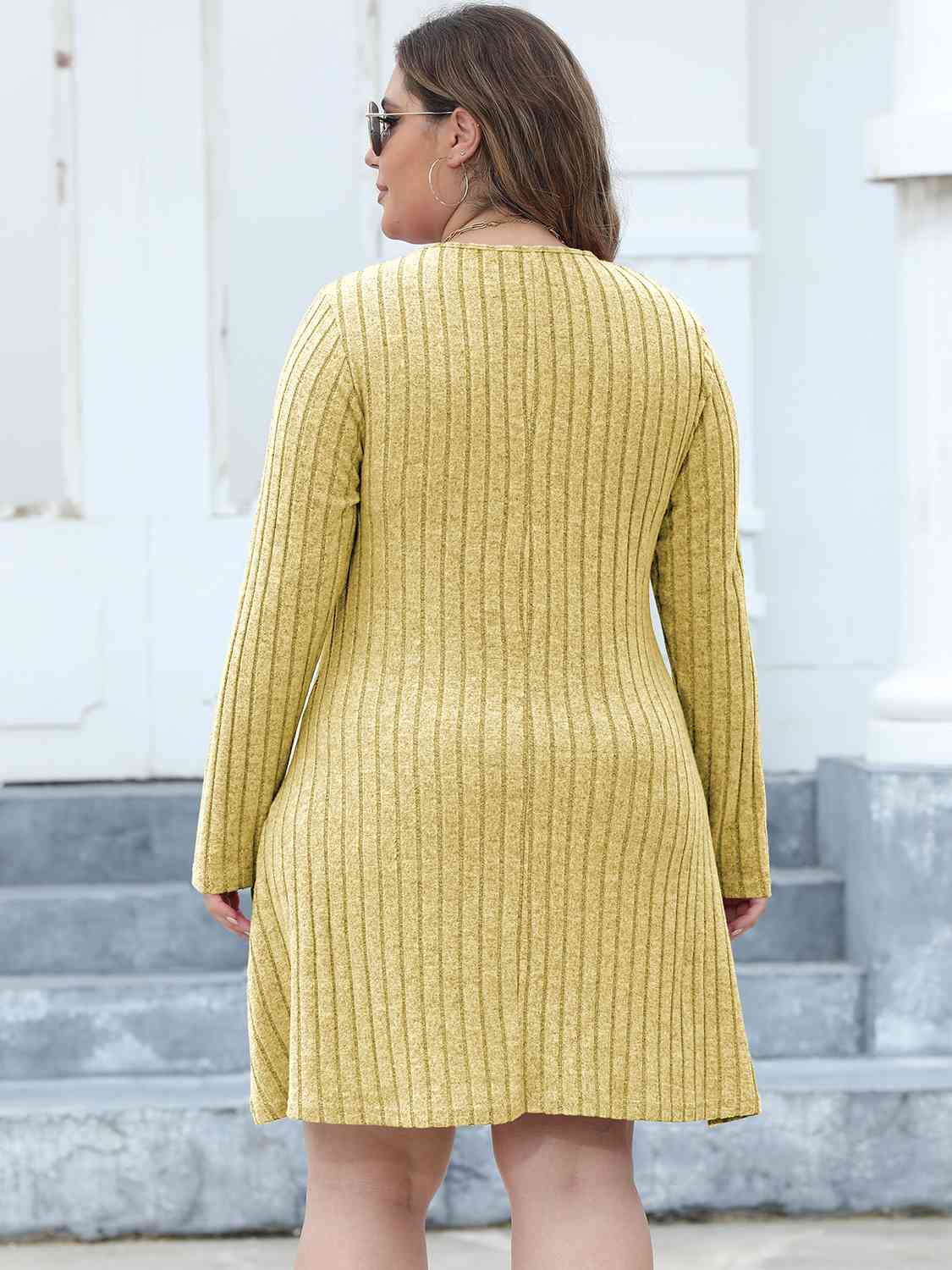 Plus Size Ribbed Buttoned V-Neck Long Sleeve Dress -BazaarBey - www.shopbazaarbey.com