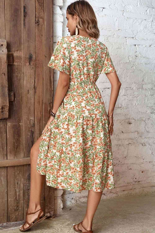 Floral V-Neck Front Slit Dress -BazaarBey - www.shopbazaarbey.com