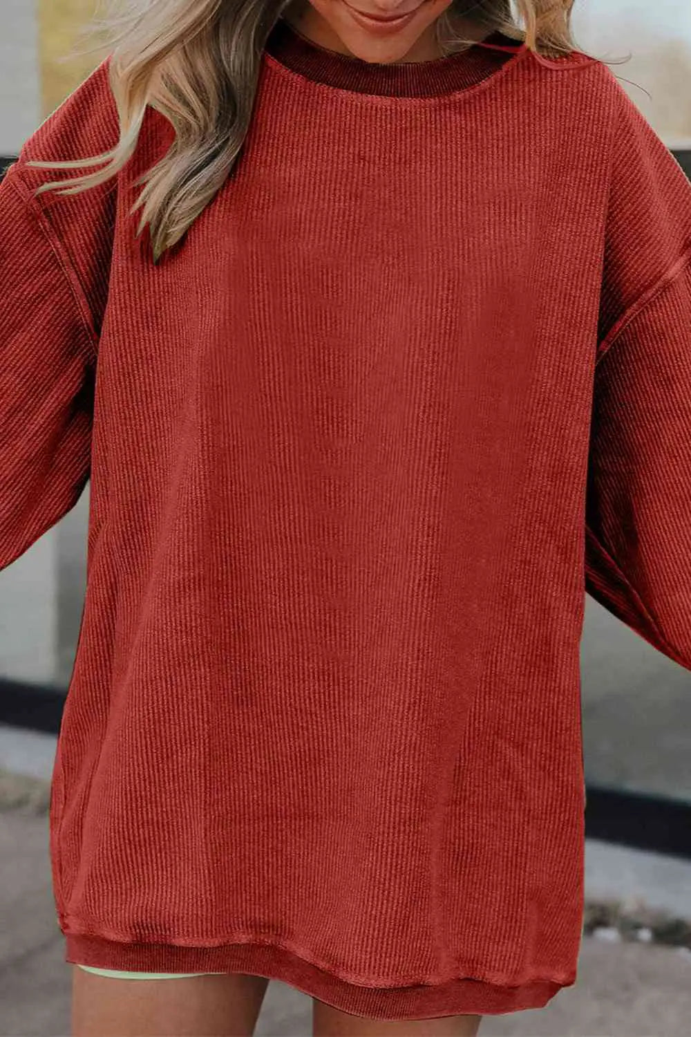 Ribbed Round Neck Drop Shoulder Sweatshirt Bazaarbey