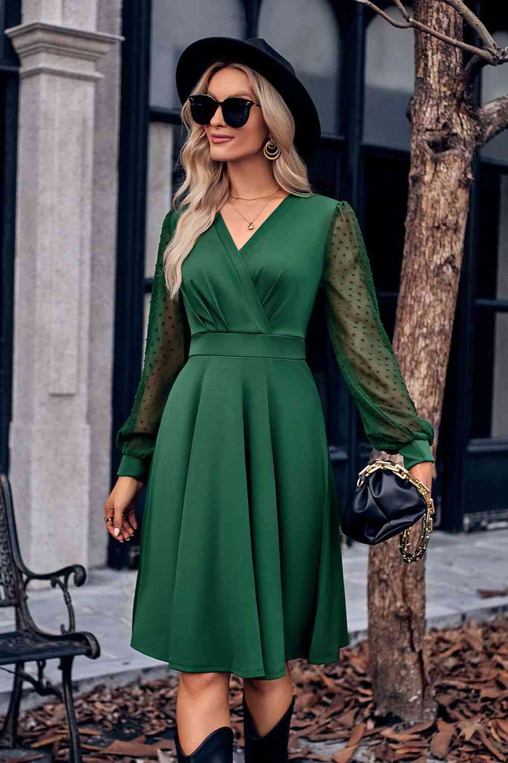 Surplice Neck Swiss Dot Long Sleeve Dress Bazaarbey