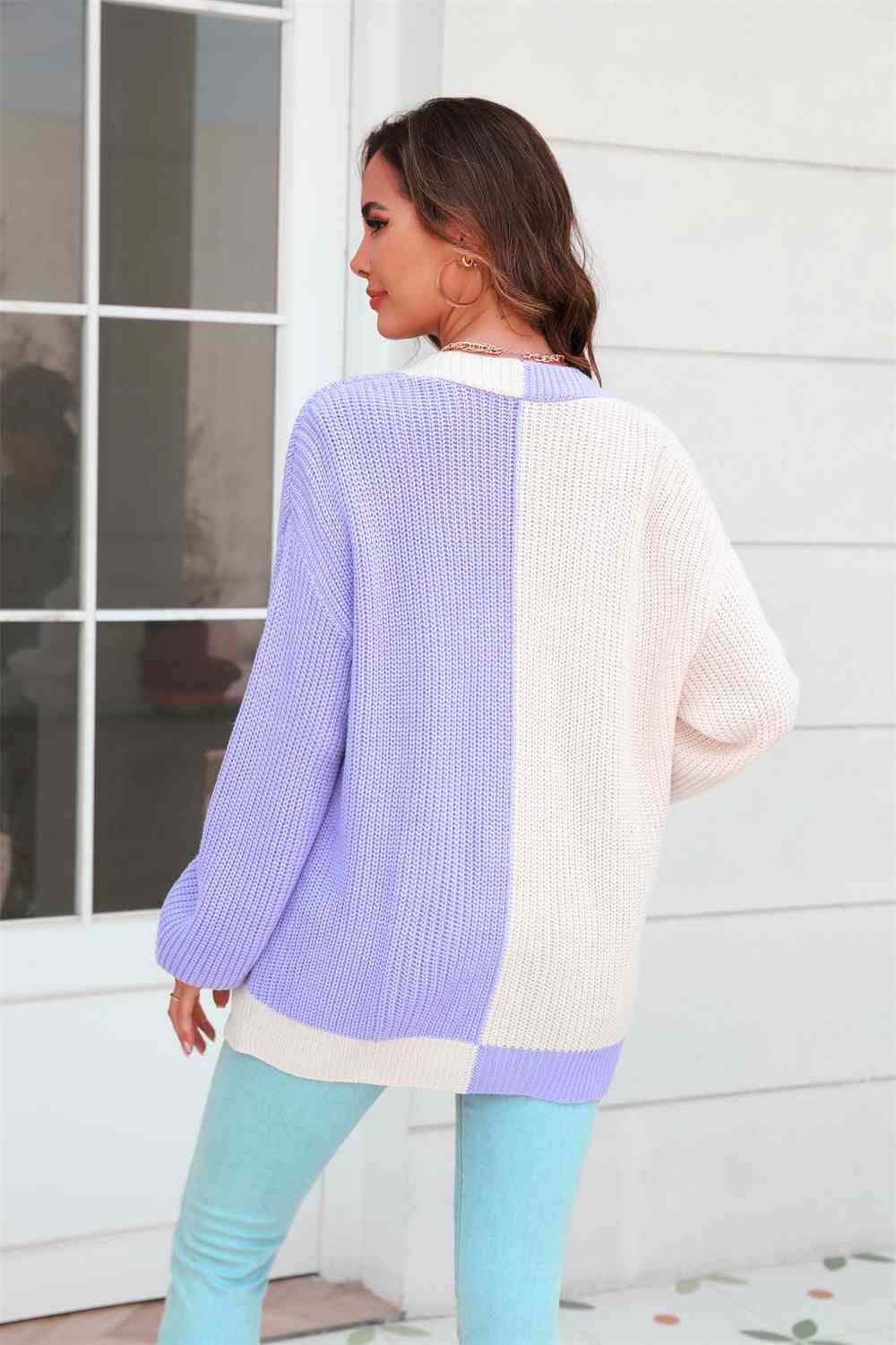 Open Front Contrast Color Balloon Sleeve Cardigan Trendsi