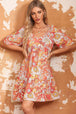 Floral Print V-Neck Short Sleeve Frill Trim Mini Dress -BazaarBey - www.shopbazaarbey.com