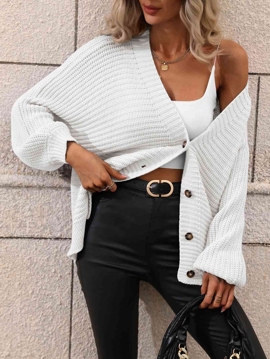  Button Down Horizontal-Ribbing  Cardigan Trendsi