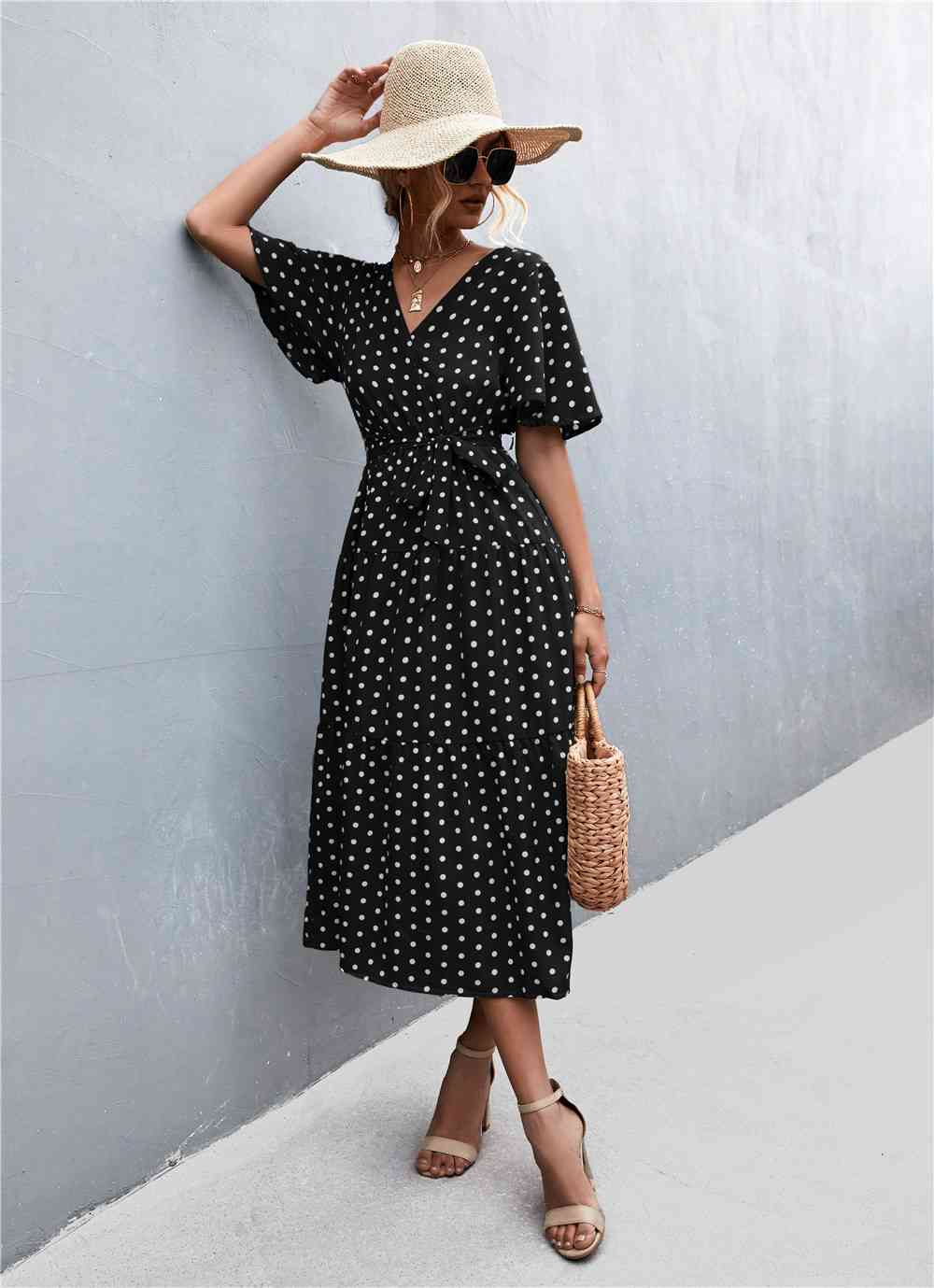 Printed V-Neck Flutter Sleeve Belted Dress -BazaarBey - www.shopbazaarbey.com