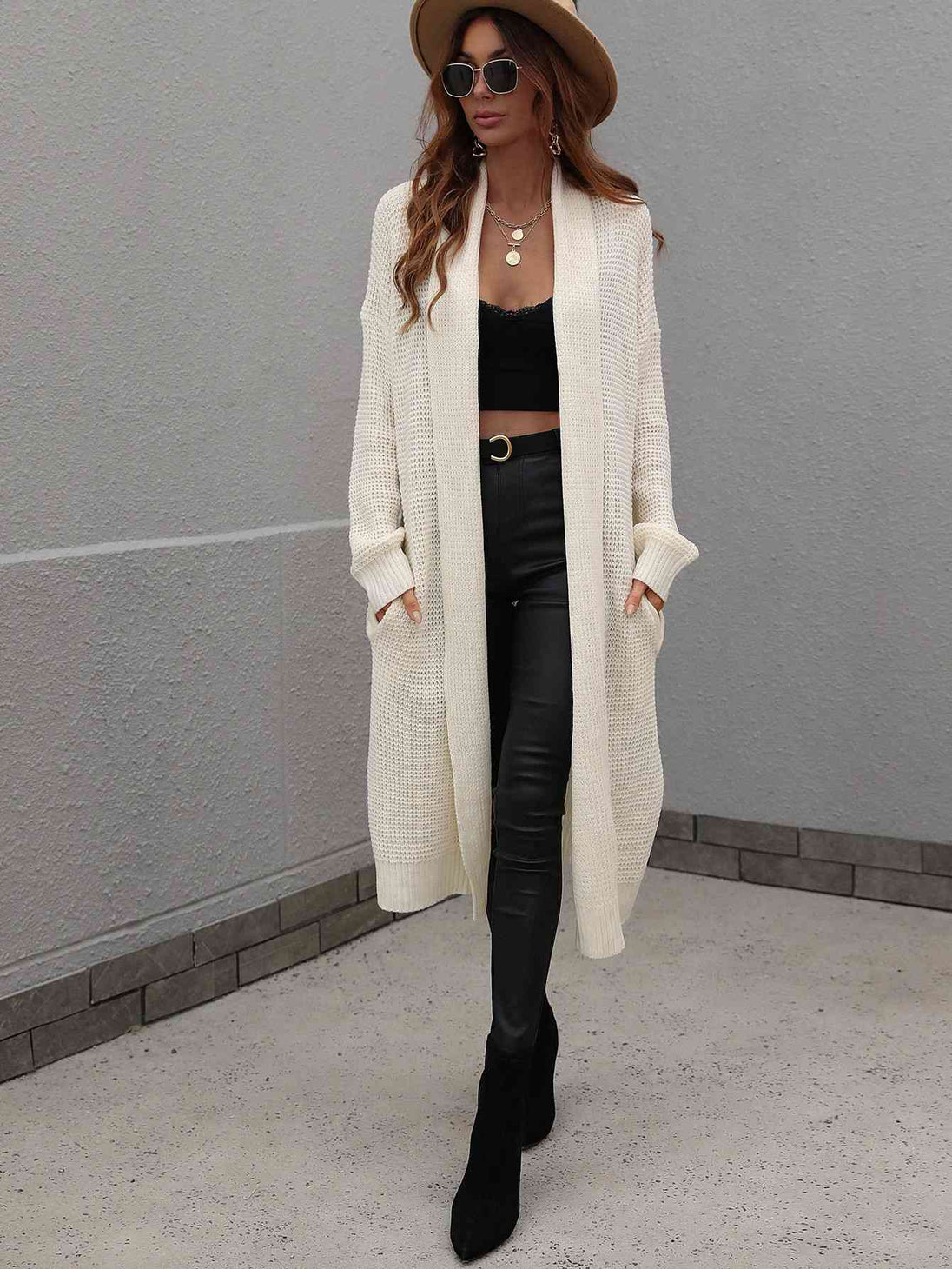  Waffle Knit  Duster Cardigan With Pockets Trendsi