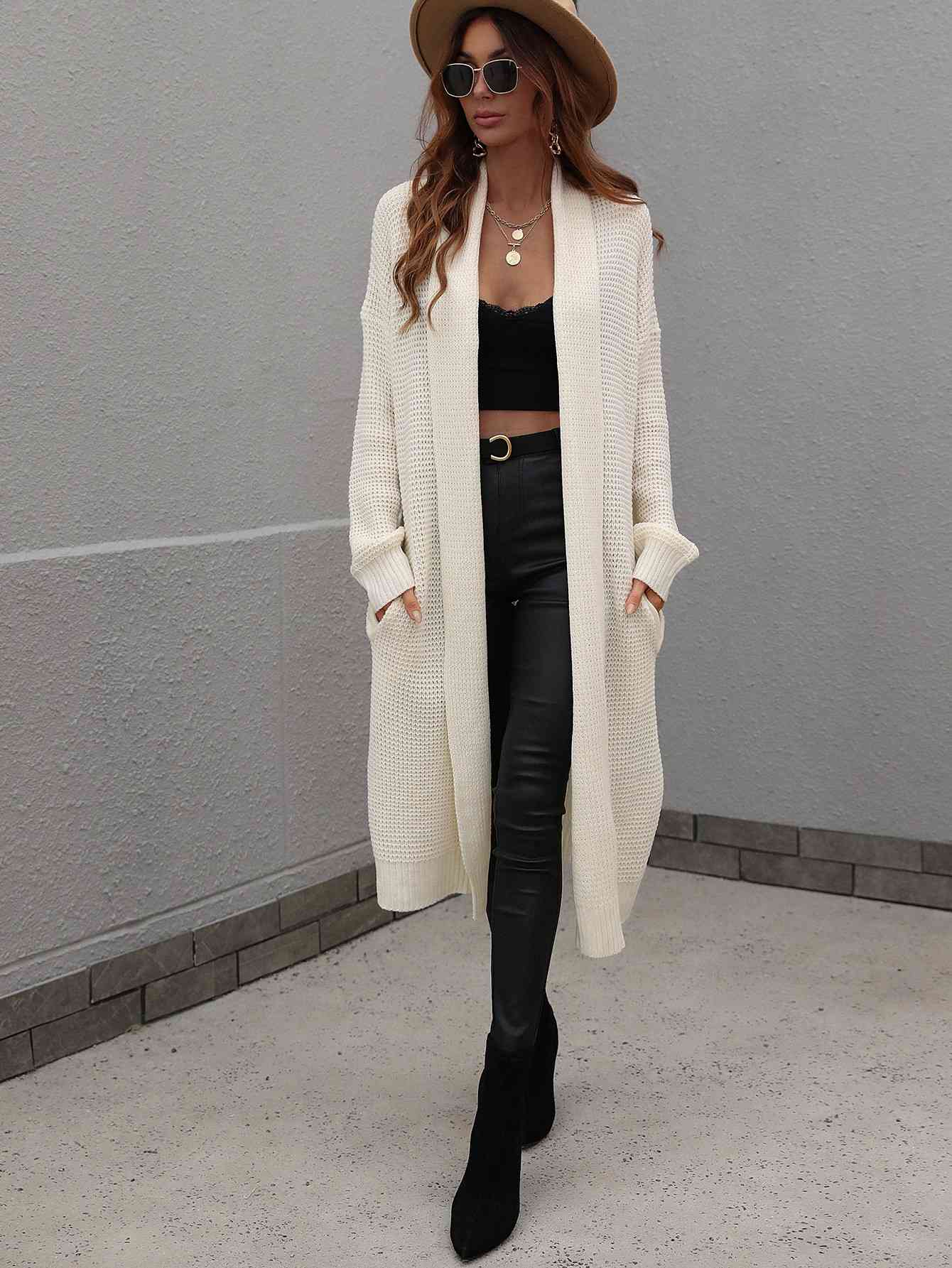 Waffle Knit  Duster Cardigan With Pockets Trendsi