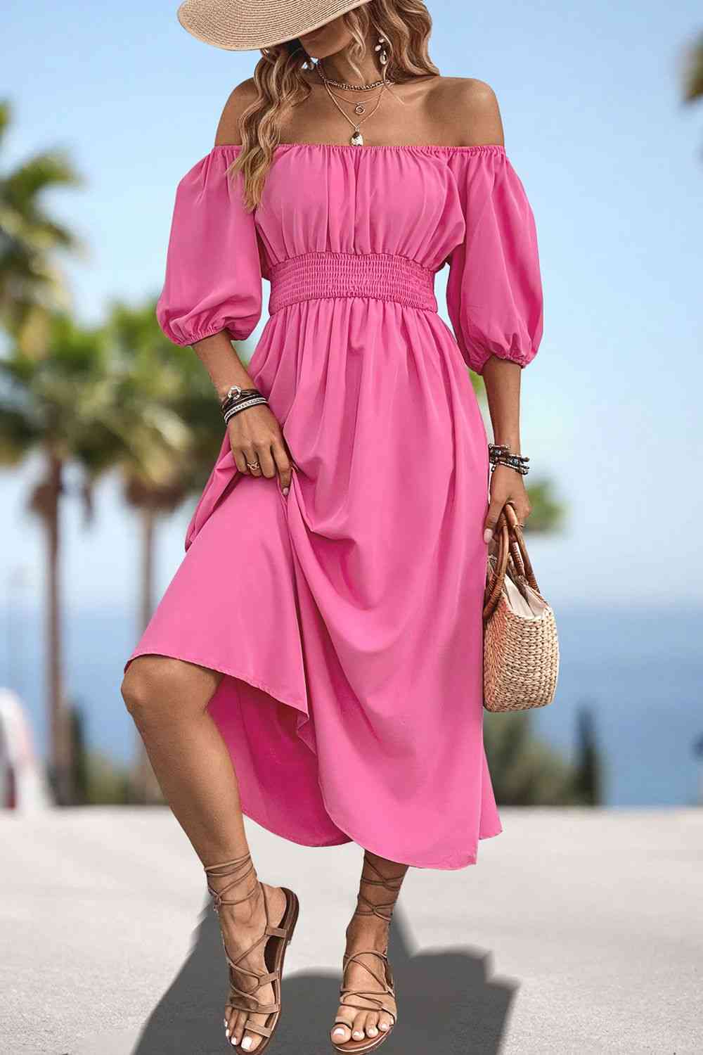 Square Neck Smocked Waist Puff Sleeve Midi Dress -BazaarBey - www.shopbazaarbey.com