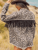 Leopard Fringe Detail Collared Neck Denim Jacket Bazaarbey