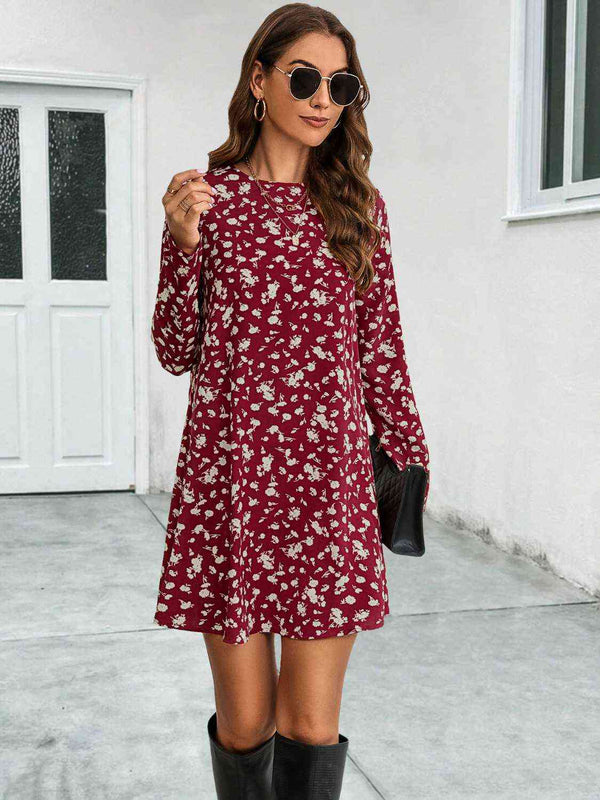 Round Neck Long Sleeve Mini Dress -BazaarBey - www.shopbazaarbey.com