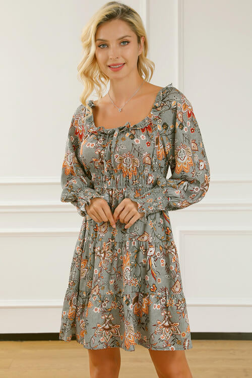 Printed Smocked Lantern Sleeve Tiered Dress -BazaarBey - www.shopbazaarbey.com