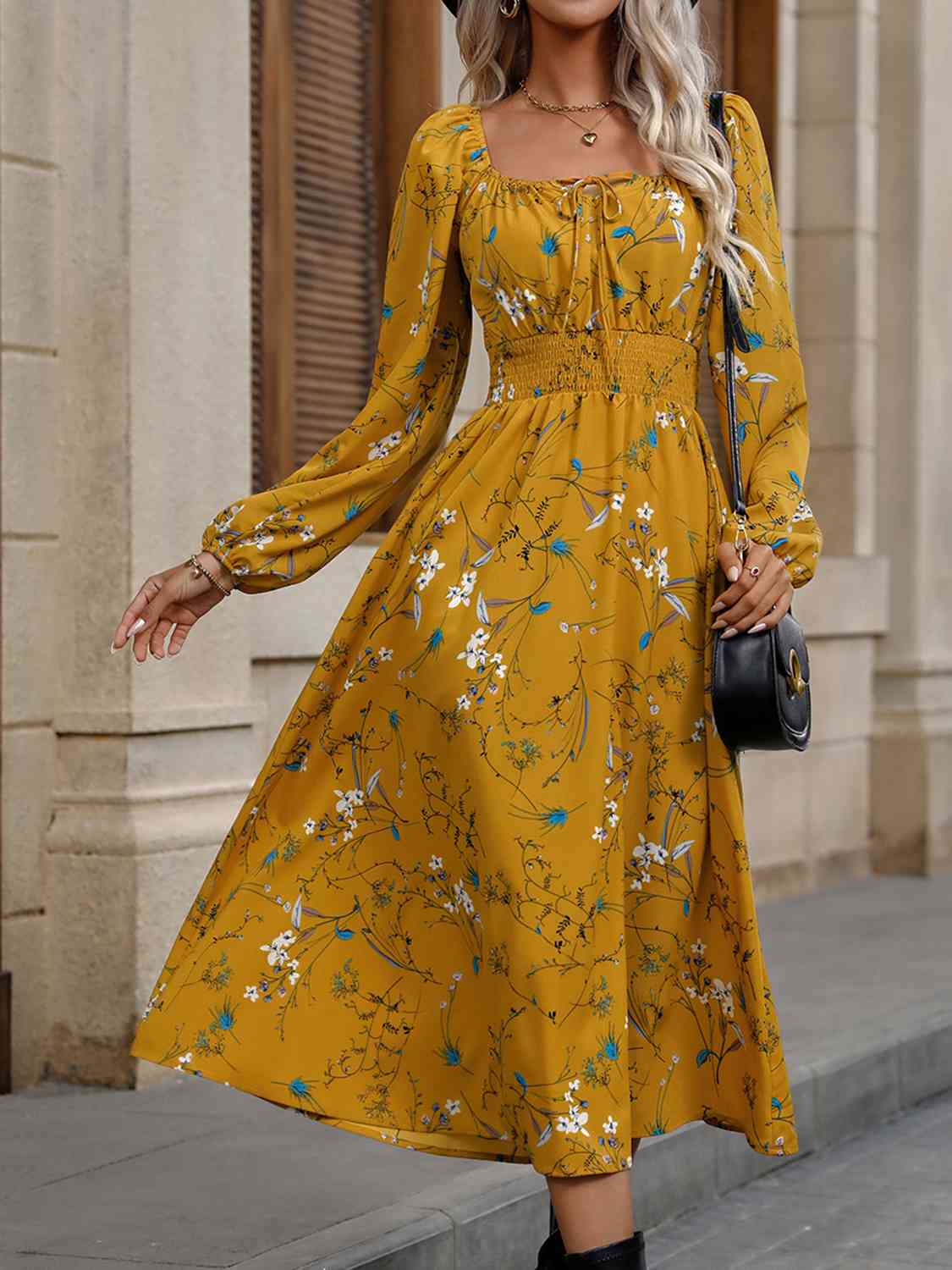 Square Neck Smocked Waist Dress -BazaarBey - www.shopbazaarbey.com