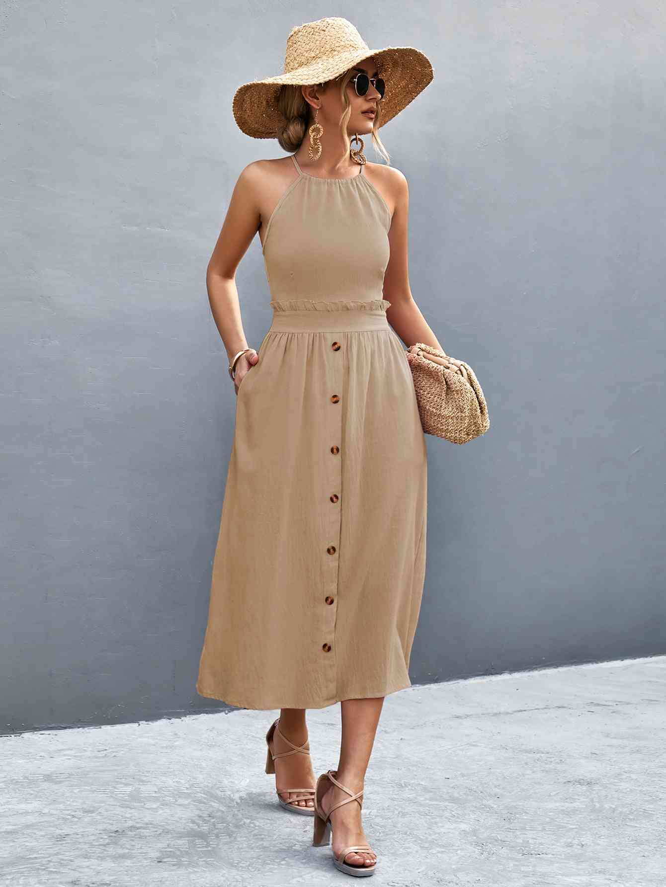 Buttoned Halter Neck Frill Trim Midi Dress -BazaarBey - www.shopbazaarbey.com