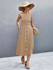 Buttoned Halter Neck Frill Trim Midi Dress -BazaarBey - www.shopbazaarbey.com