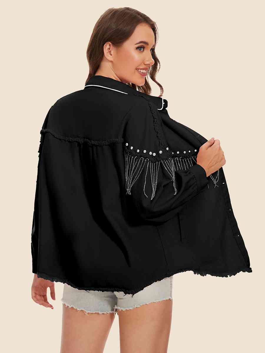 Raw Hem Fringe Detail Denim Jacket Bazaarbey