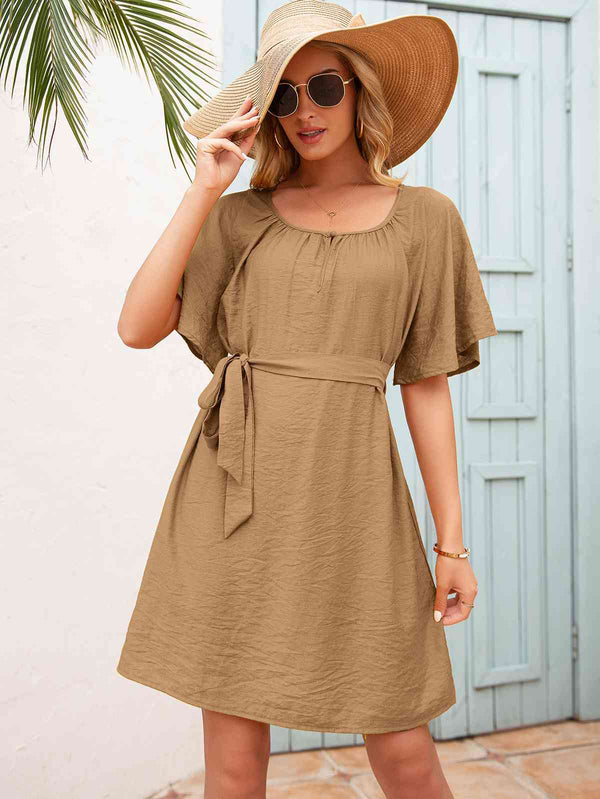 Tie Waist Flutter Sleeve Mini Dress -BazaarBey - www.shopbazaarbey.com